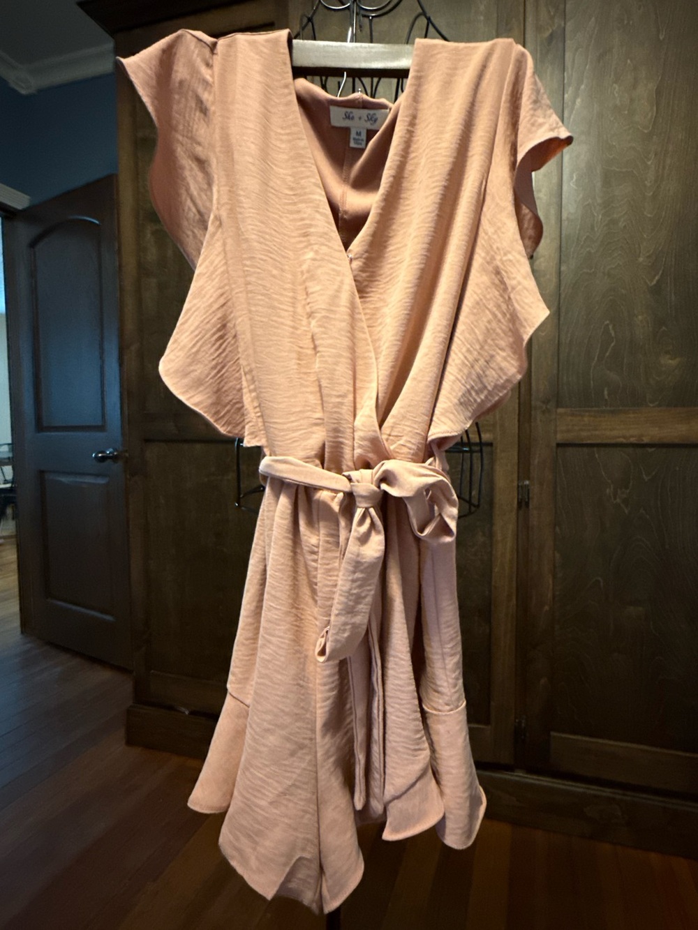 She + Sky Peach V-Neck romper w a tie